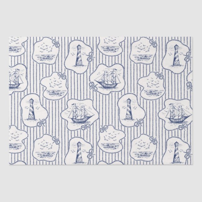  Marine Theme Blue White Stripe Lighthouse Ship   Tissue Paper (Front)