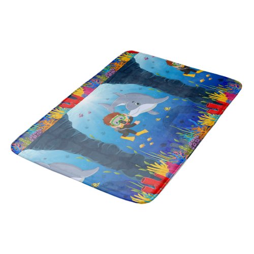 Marine Theme Diving with Dolphin Fish Coral Reed   Bath Mat