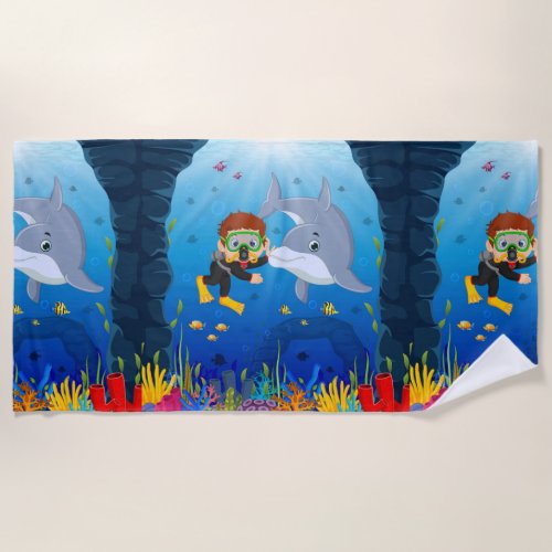 Marine Theme Diving with Dolphin Fish Coral Reed   Beach Towel