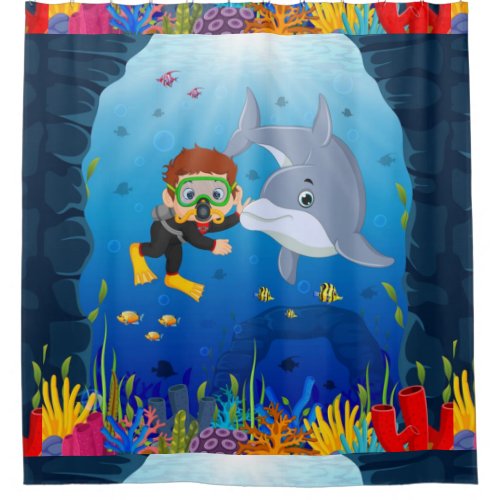 Marine Theme Diving with Dolphin Fish Coral Reed   Shower Curtain
