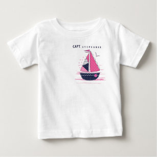 Marine Theme Girly Polka Dot Navy Blue Sailboat    Baby T-Shirt