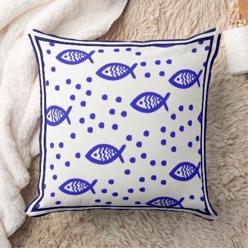 Marine Theme Nautical Elements Fish Stripe Bubbles Throw Pillow