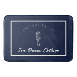 Marine-themed Blue and White Seahorse Bath Mat