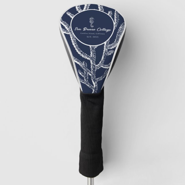 Marine-themed Blue and White Seahorse Golf Head Cover (Front)