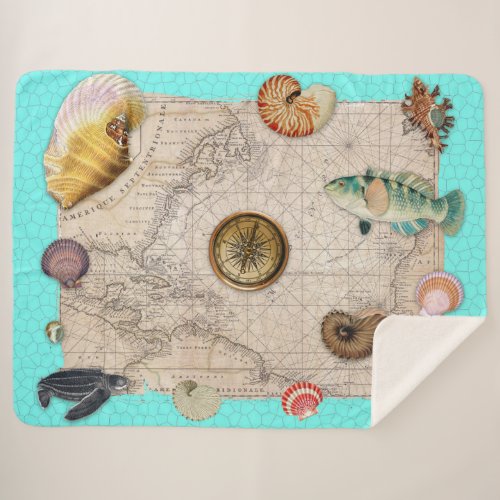 Marine Treasures Beige Vintage Map Teal Sherpa Blanket