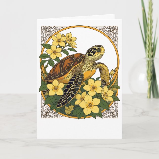 Marine Turtle And Yellow Gelsemium Flowers Holiday Card (Front)