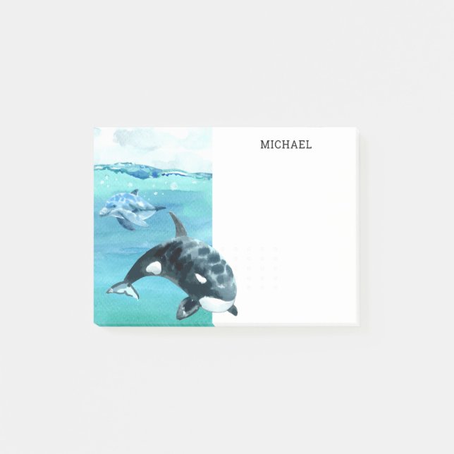 Marine Watercolor Orca Dolphin Personalized Post-it Notes (Front)