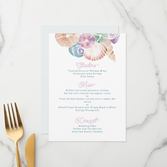 Marine Watercolor SeaShells in Blue, Purple Orange Menu (Front/Back In Situ)