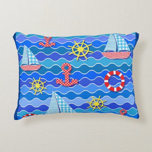  Marine Wave Red Blue Anchor Boat Sail Ship Wheel  Accent Pillow