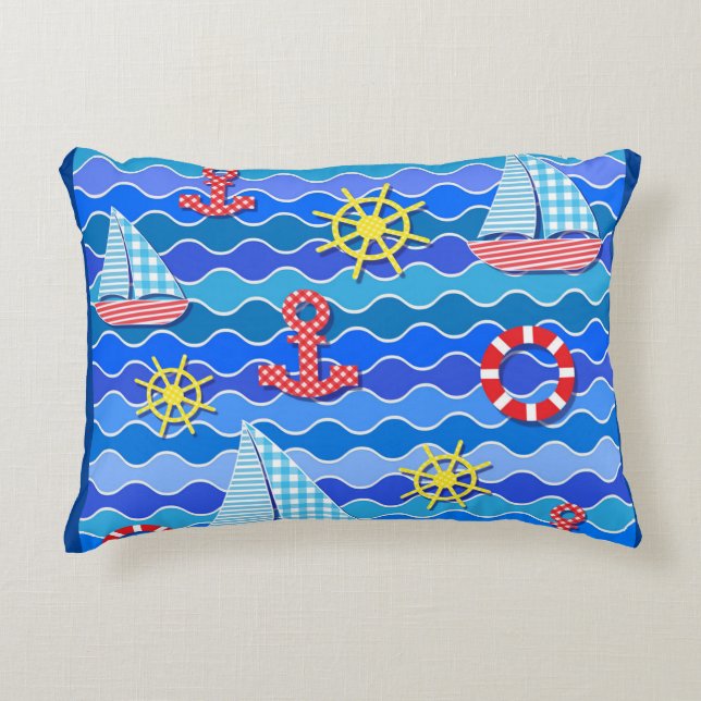  Marine Wave Red Blue Anchor Boat Sail Ship Wheel  Accent Pillow (Front)