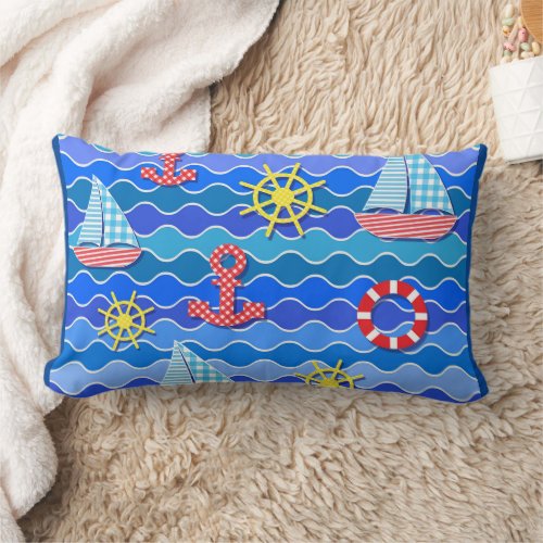  Marine Wave Red Blue Anchor Boat Sail Ship Wheel  Lumbar Pillow