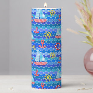 Marine Wave Red Blue Anchor Boat Sail Ship Wheel Pillar Candle