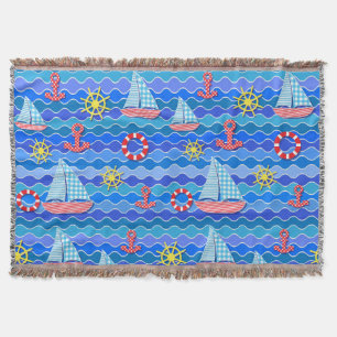 Marine Wave Red Blue Anchor Boat Sail Ship Wheel  Throw Blanket