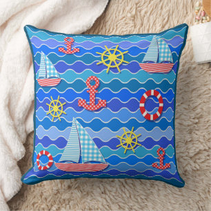 Marine Wave Red Blue Anchor Boat Sail Ship Wheel Throw Pillow