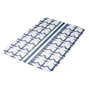 Marine White Blue Nautical Anchor stripe Bath Mat
