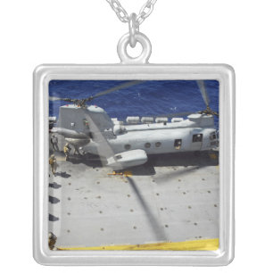 Marines board a CH-46E Sea Knight helicopter Silver Plated Necklace