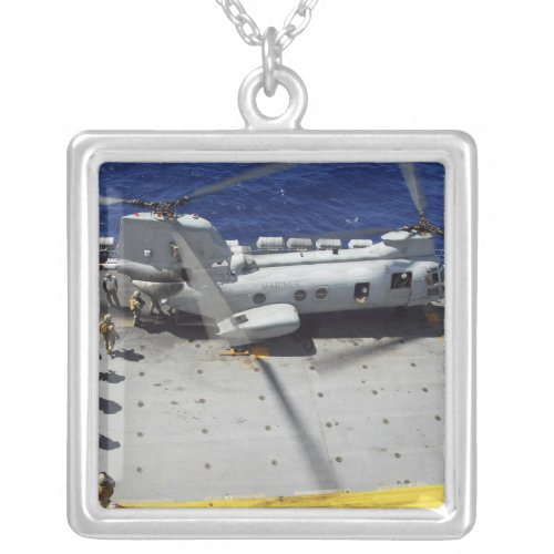 Marines board a CH_46E Sea Knight helicopter Silver Plated Necklace