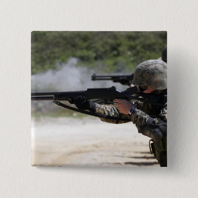 Marines firing shotguns pinback button (Front)