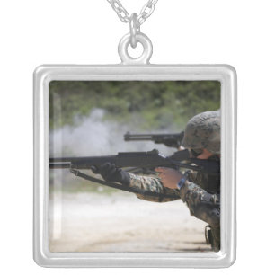 Marines firing shotguns silver plated necklace