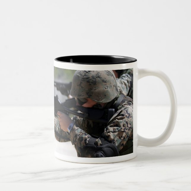 Marines firing shotguns Two-Tone coffee mug (Right)