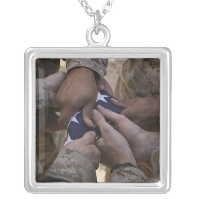 Marines fold an American flag Silver Plated Necklace (Front)