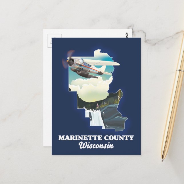 Marinette County Wisconsin map Postcard (Front/Back In Situ)