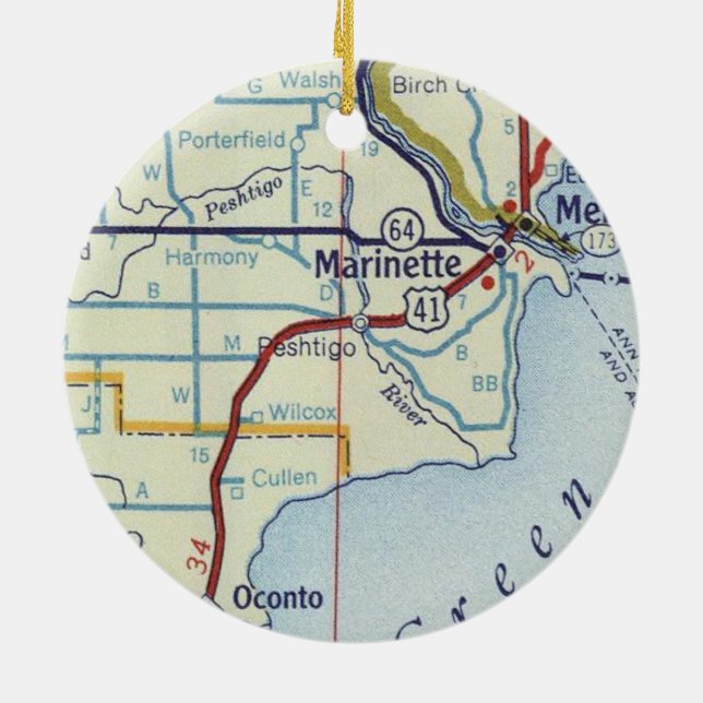 Marinette WI Map Ceramic Ornament (Back)