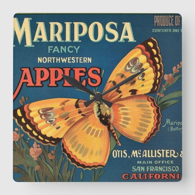 Mariposa Apples Crate Label Square Wall Clock (Front)