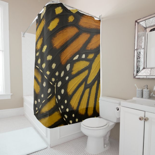 Mariposa Orange & Yellow Monarch Butterfly Wing Shower Curtain (In Situ)