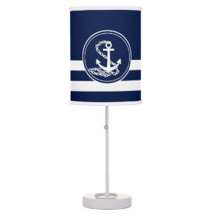 Maritime Blue And White Stripes With Anchor Symbol Table Lamp