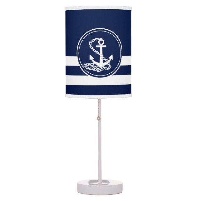 Maritime Blue And White Stripes With Anchor Symbol Table Lamp (Front)
