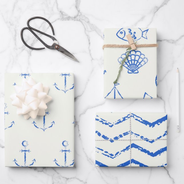 Maritime Blue and White Wrapping Paper Set of 3 (Front)