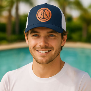 Maritime Captain Custom Initials Anchor Leather Patch Hat