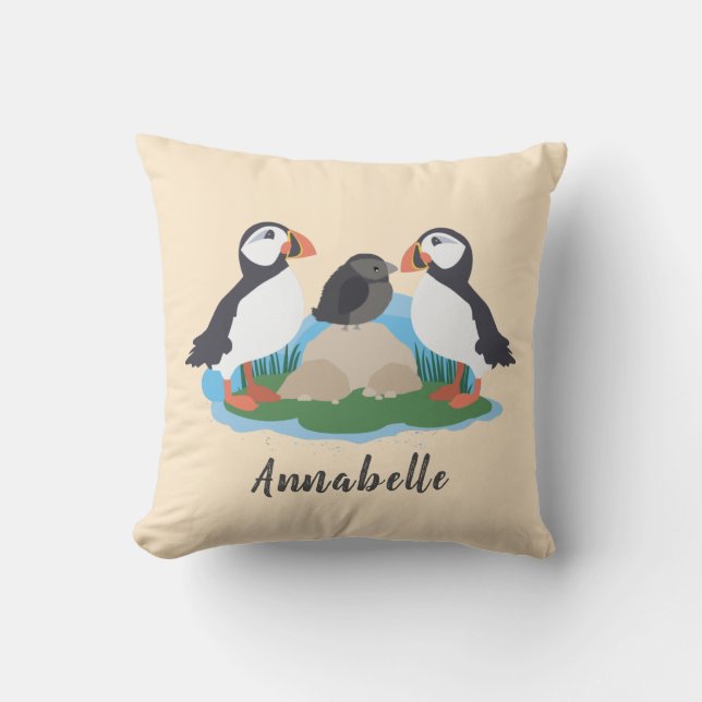 Maritime Cute Puffin Nature Name Nursery Throw Pillow (Front)