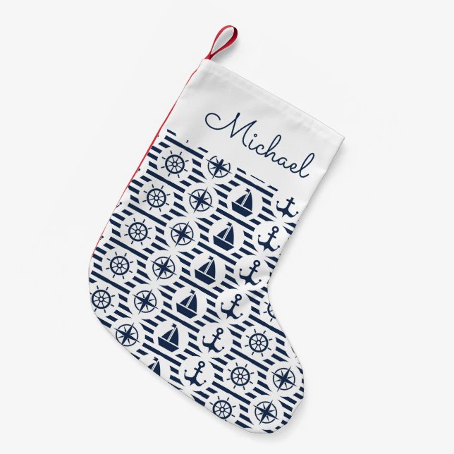 Maritime In Blue Pattern | Add Your Name Small Christmas Stocking (Front (Hanging))