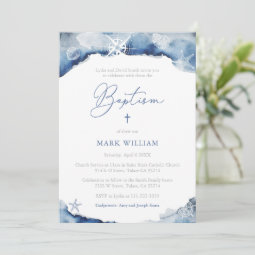 Maritime Indigo Watercolor Boy Baptism Party Invitation | Zazzle