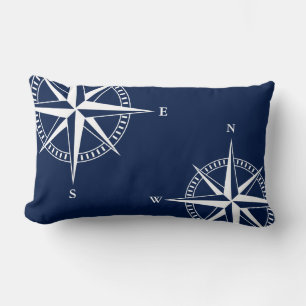 Maritime Odyssey: Blue & White Compass Nautical Lumbar Pillow