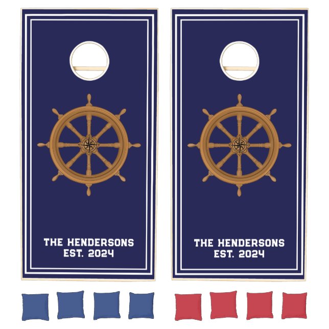 Maritime steering wheel compass rose Navy Blue Cornhole Set (Set)