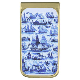 MARITIME,VINTAGE SHIPS,SAILING VESSELS,Navy Blue Gold Finish Money Clip