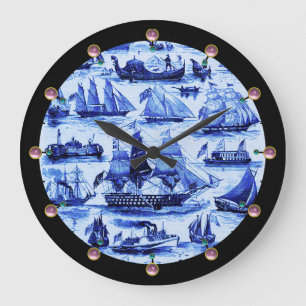 MARITIME,VINTAGE SHIPS,SAILING VESSELS,Navy Blue Large Clock