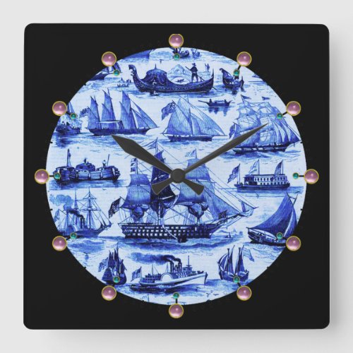 MARITIMEVINTAGE SHIPSSAILING VESSELSNavy Blue Square Wall Clock