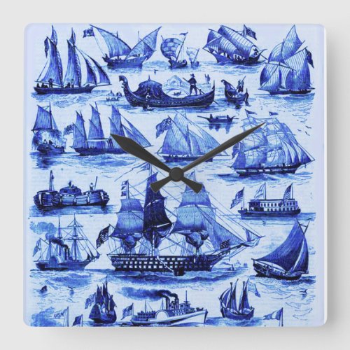 MARITIMEVINTAGE SHIPSSAILING VESSELSNavy Blue Square Wall Clock