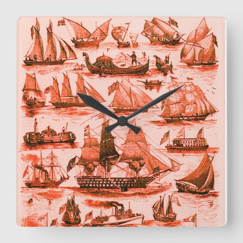 MARITIMEVINTAGE SHIPSSAILING VESSELS Red White Square Wall Clock