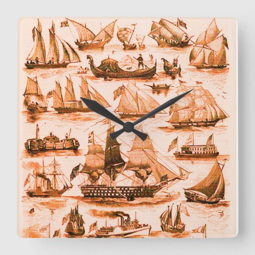 MARITIMEVINTAGE SHIPSSAILING VESSELSSepia Brown Square Wall Clock