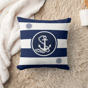 Maritime White and Blue, Anchor and Ship's Wheel Throw Pillow