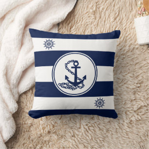 Maritime White and Blue, Anchor and Ship's Wheel Throw Pillow
