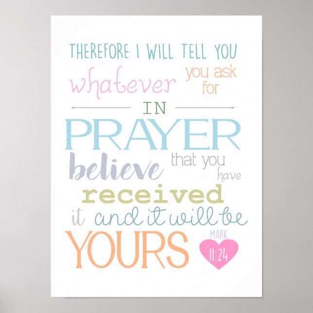 Mark 11: 24 Believe Prayer Faith Christian Poster (Front)
