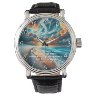 Mark 11:24 Cross Sunset Ocean Faith Watch