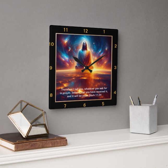 Mark 11:24 Jesus Glowing Against Celestial Sunset  Square Wall Clock (Office)
