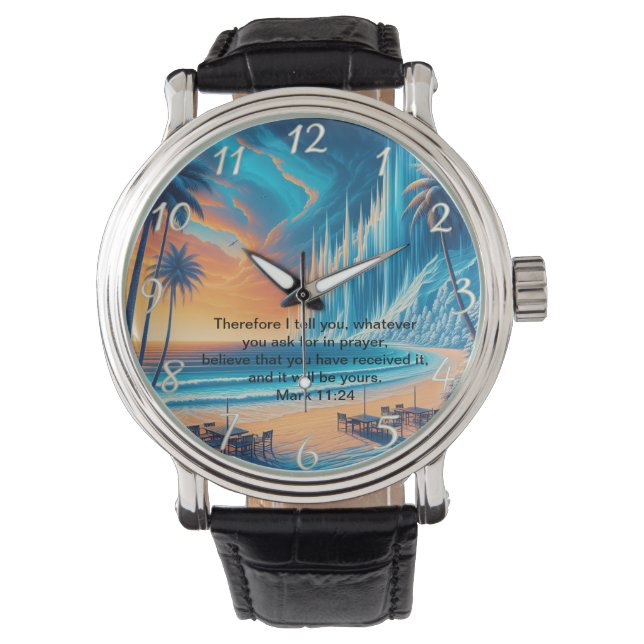 Mark 11:24 Peaceful Cross Sunset Reflection Watch (Front)